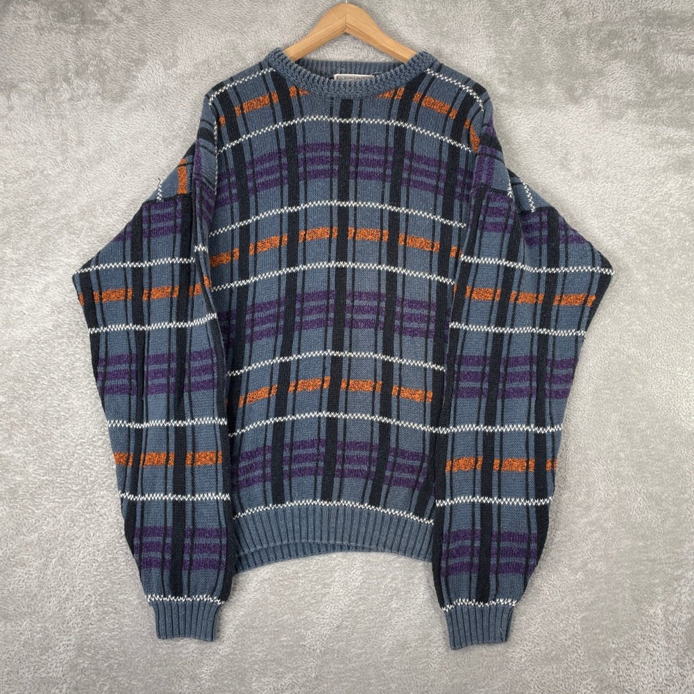 Concrete Mix Plaid Sweater Mens XL Blue Purple Crewneck Retro Cotton Knit 90s